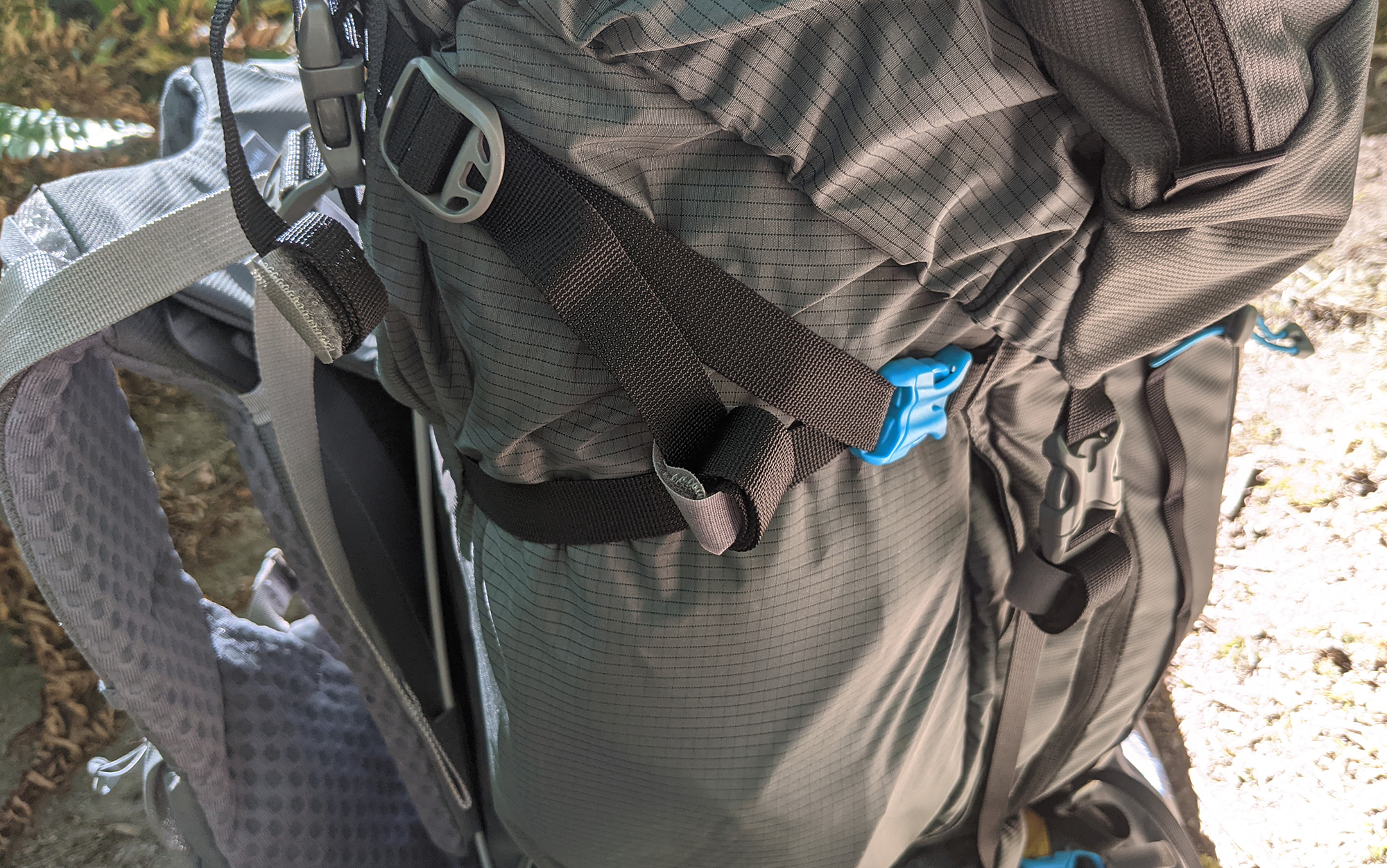 The Velcro strap holders were included on almost all of the nylon webbing pieces on the Mystery Ranch Bridger 65, creating a more streamlined appearance than is typical.