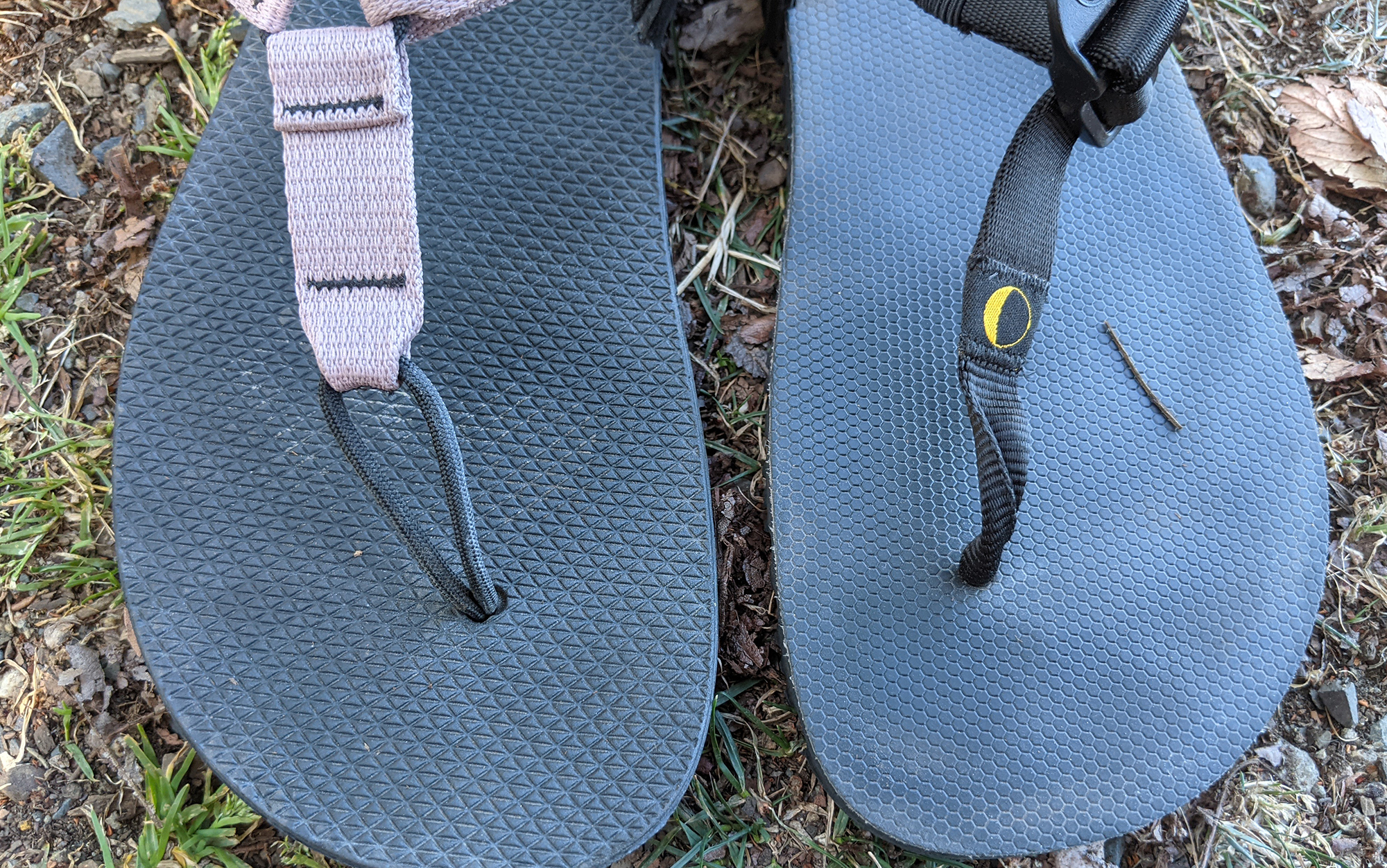 While the nylon webbing of the Luna Middle Bear Sandals (right) was more comfortable to my skin than the Bedrock Cairn Adventure Sandals (left), the section that connected to the footbed became twisted after a week or so of use.