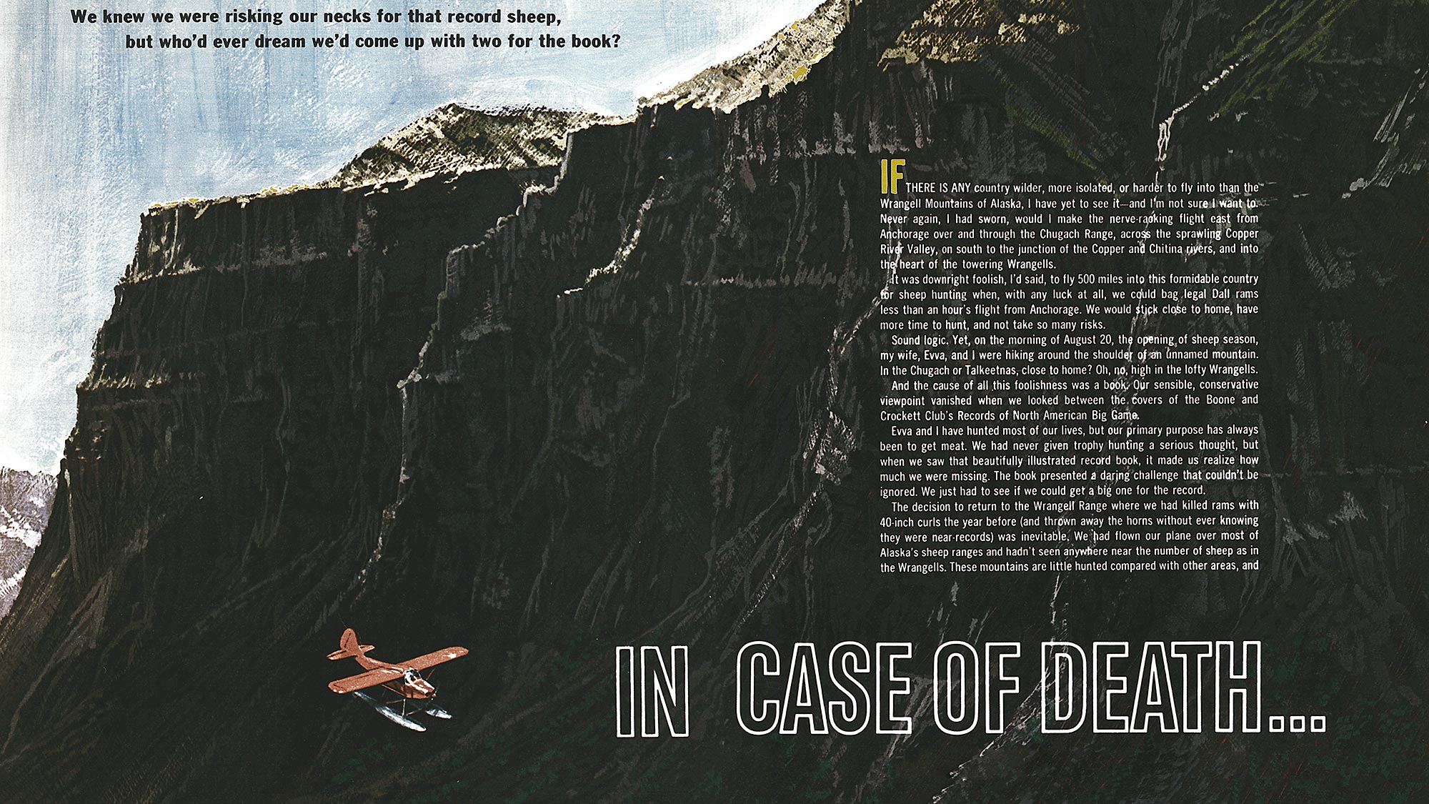 floatplane flies past big mountains on old magazine spread illustration