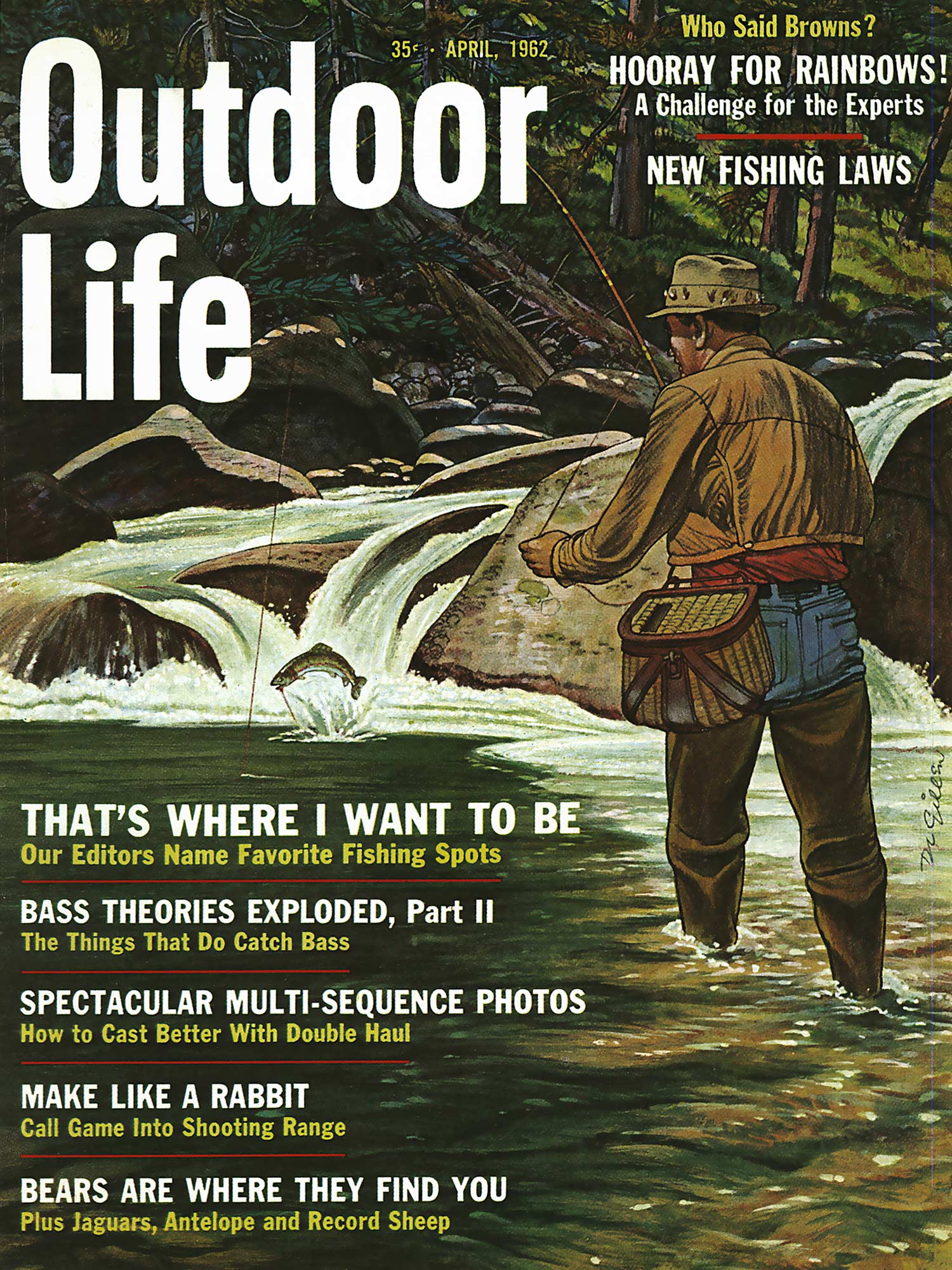 April 1962 Outdoor Life magazine cover; trout fisherman in river has a rainbow trout on the line.