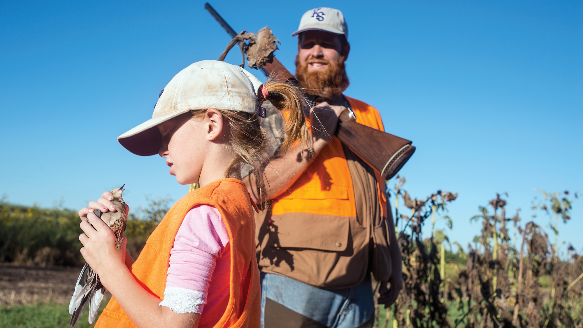 girl holds dove as hunter with shotgun looks on, sunflower field
