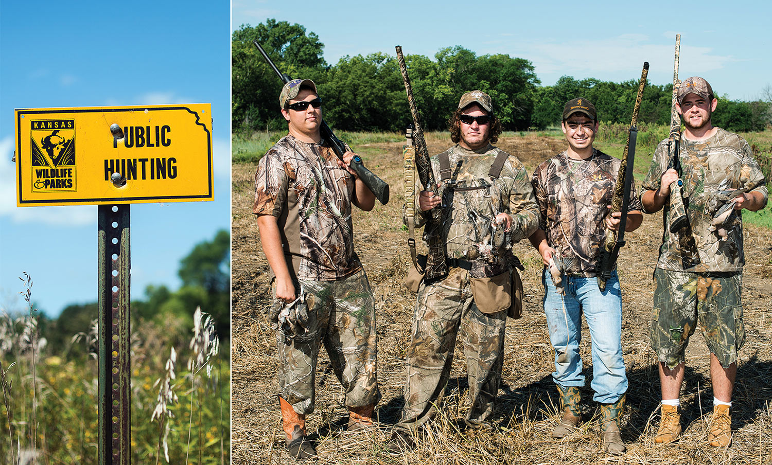 diptych: Kansas "public hunting" sign on post, and four dove hunters with shotguns in field