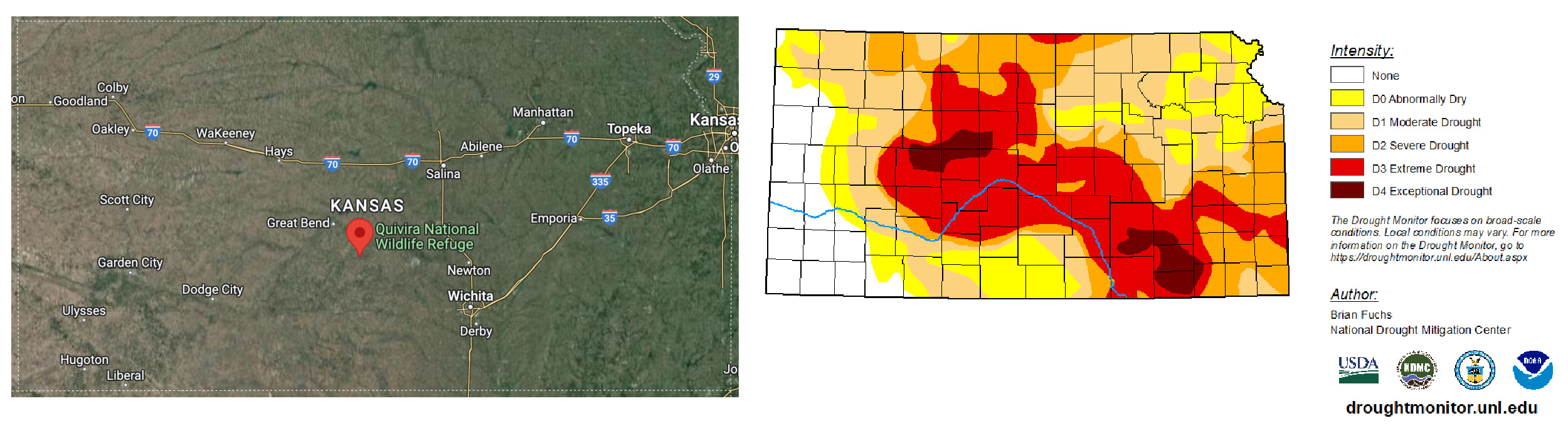 Quivira National Wildlife Refuge map and Kansas drought map