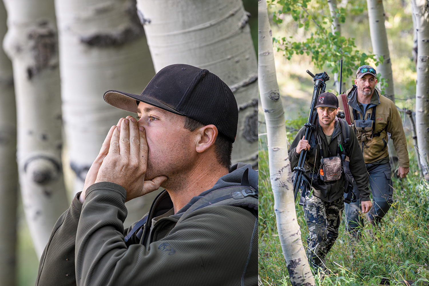 Hunting guide cups hands around mouth to make moose call; hunter and guide hike through trees carrying tripod and rifle.