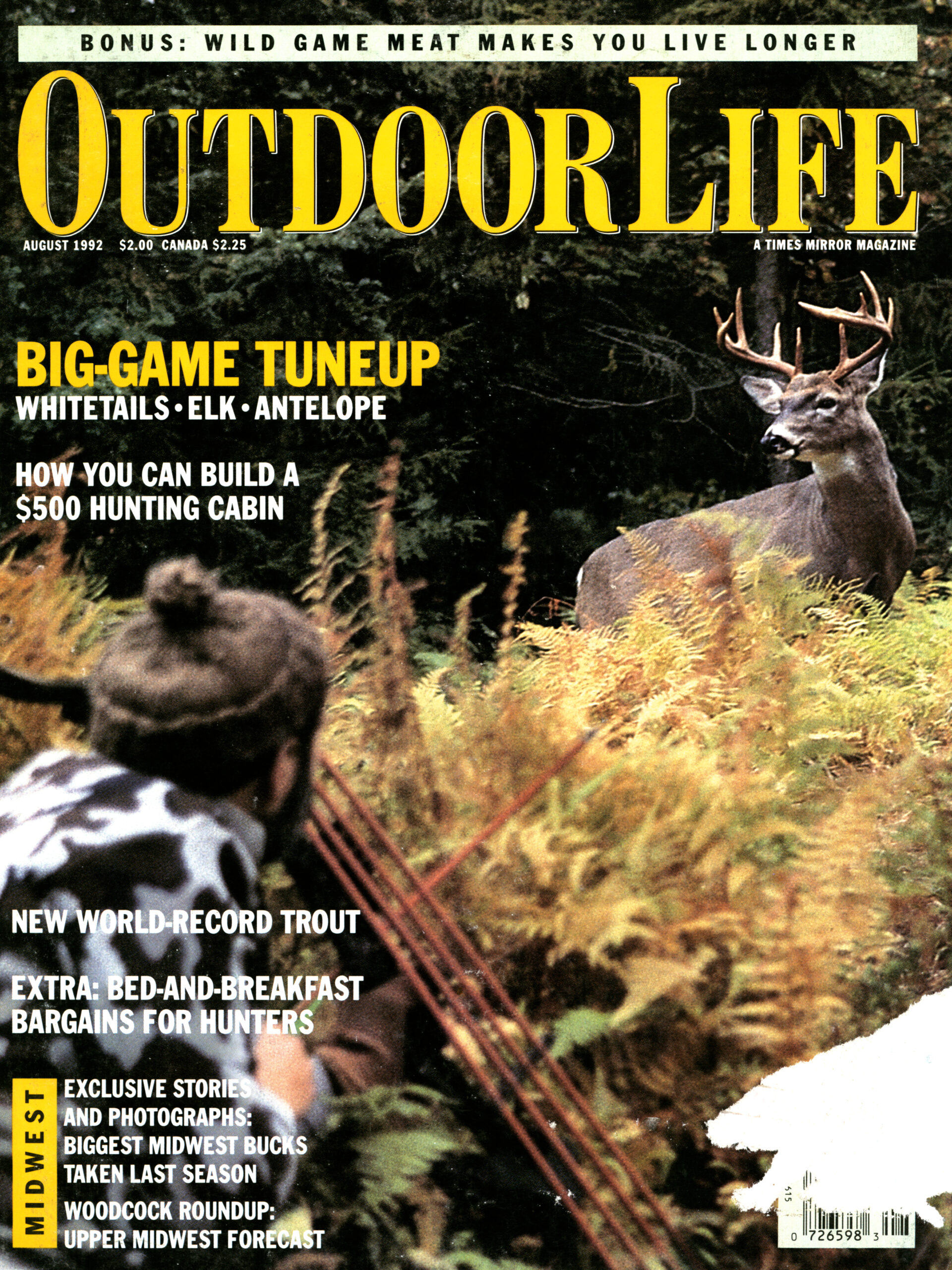 August 1992 cover of Outdoor Life magazine shows bowhunter and whitetail buck