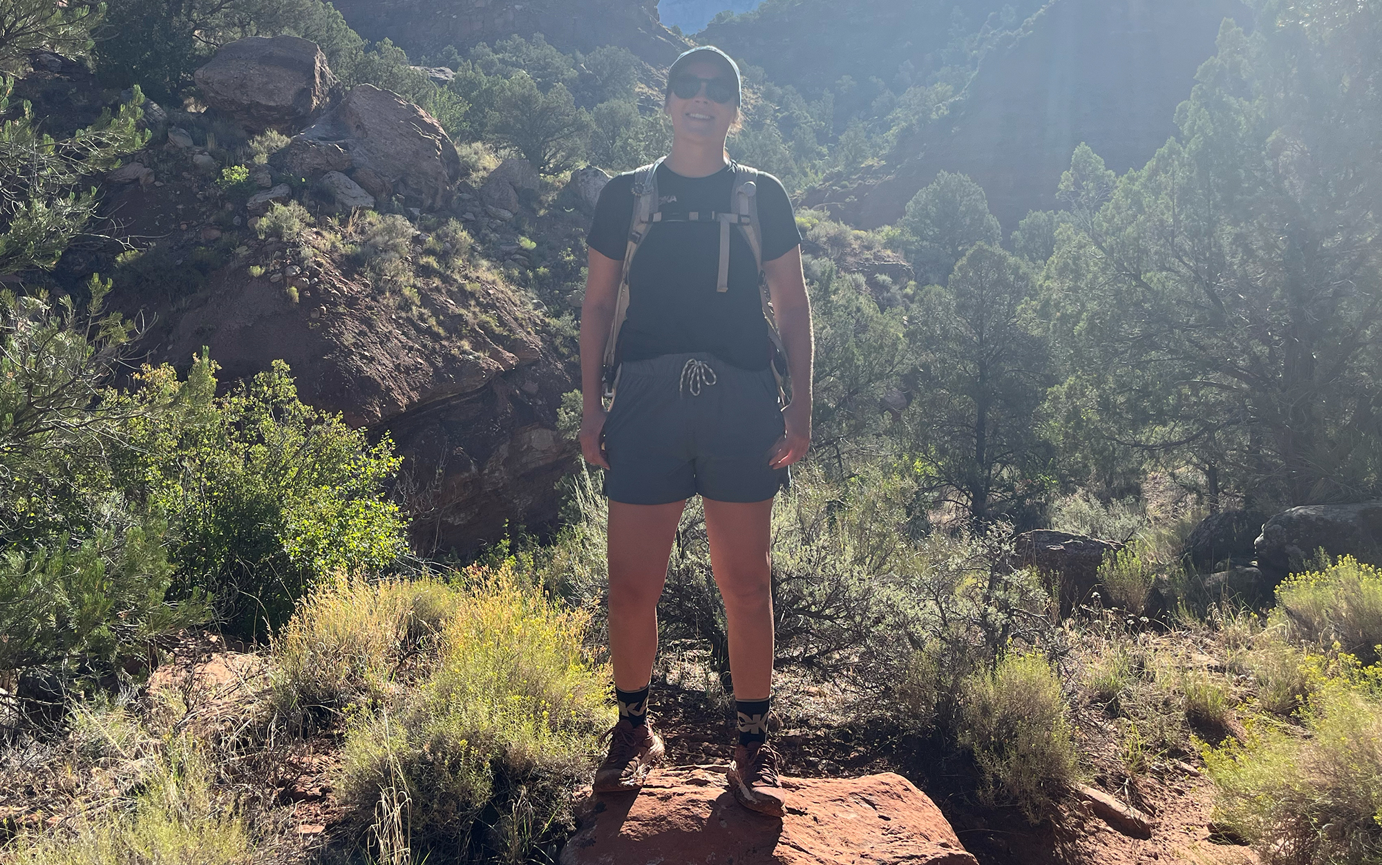 Author wears Free Fly shorts on trail.