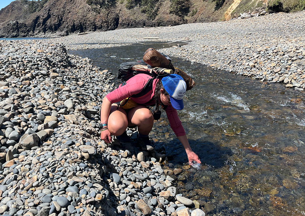 Hiker fills water bottle from stream.
