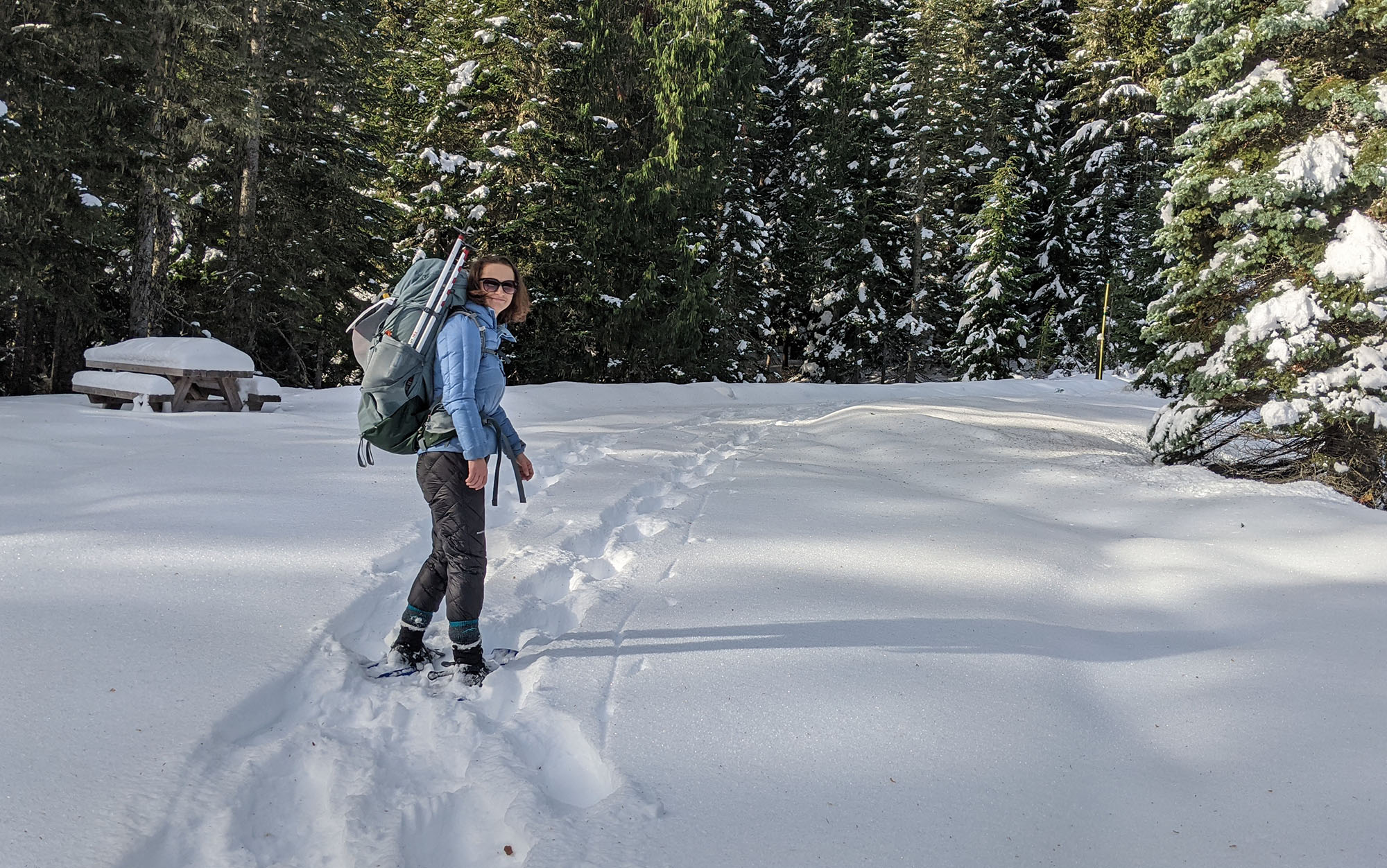 The Big Agnes Luna was the perfect layer to wear on an overnight snowshoe up to Mowich Lake in Mount Rainier National Park.