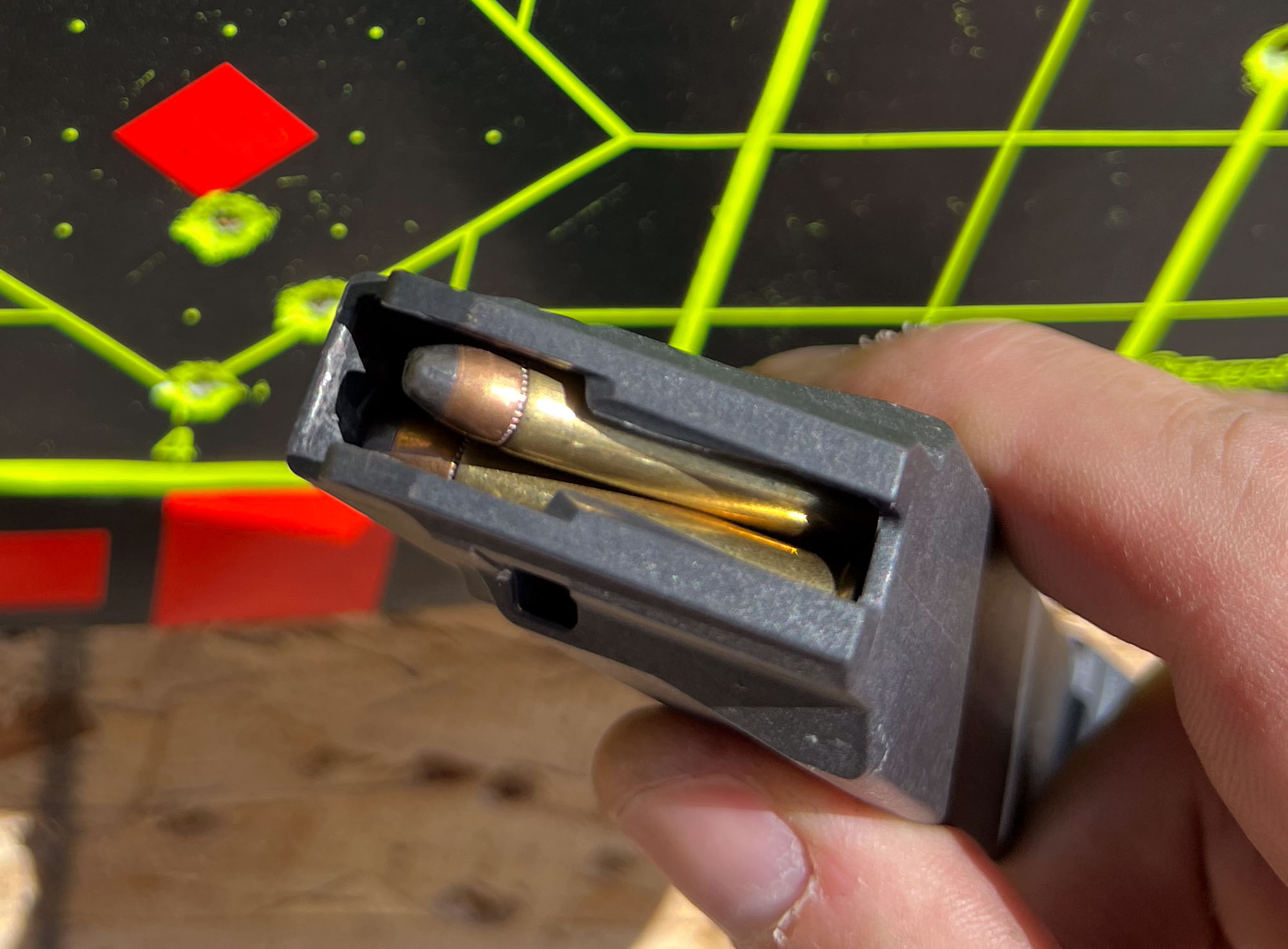 The Smith & Wesson M&P 22 Magnum had occasional feeding issues, as when this round tilted and jammed in the magazine. 
