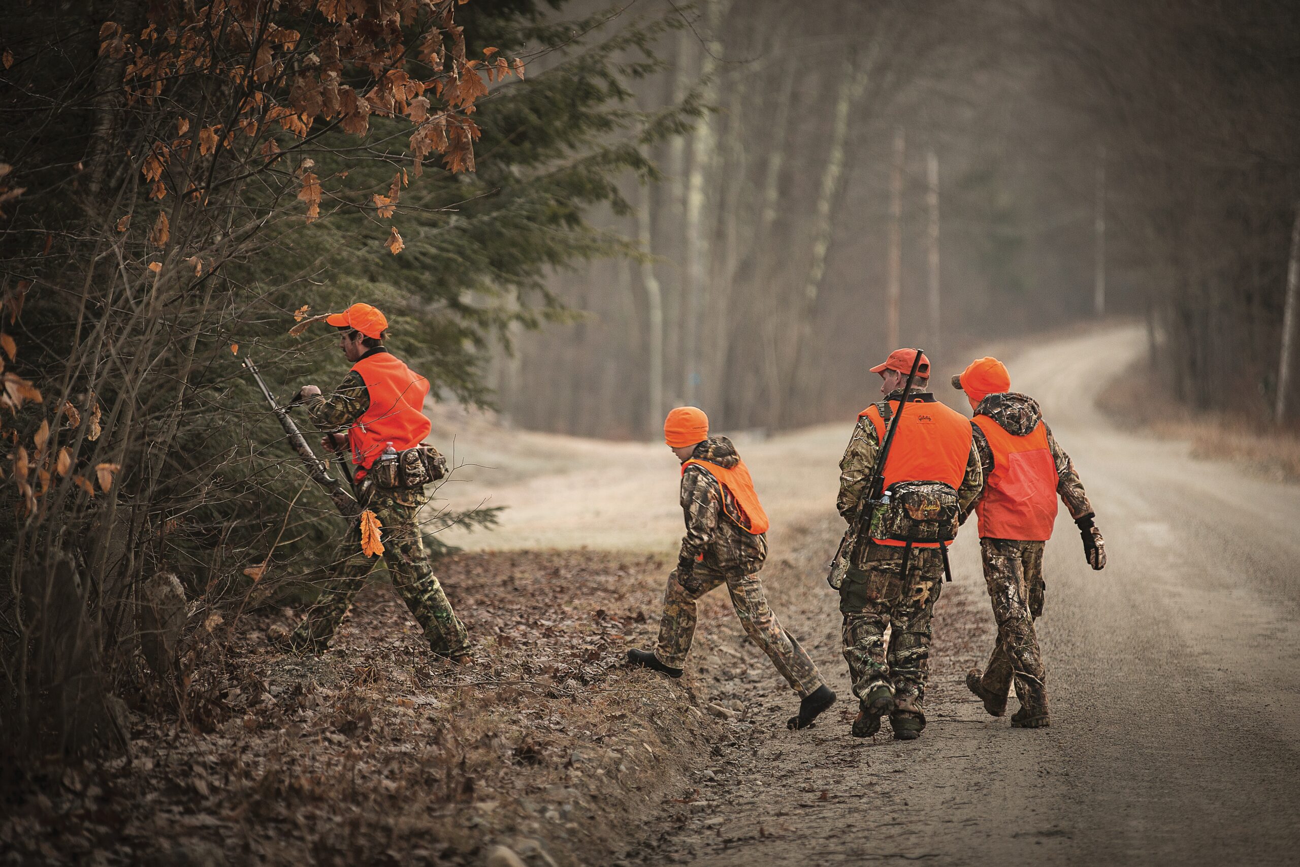 Four hunters in blaze orange on a deer drive.