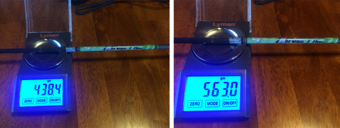 A side-by-side comparison of an arrow that weighs 438.4 grains on a scale, and the same arrow that weighs 563.0 grains on the scale after adding weed whacker line.