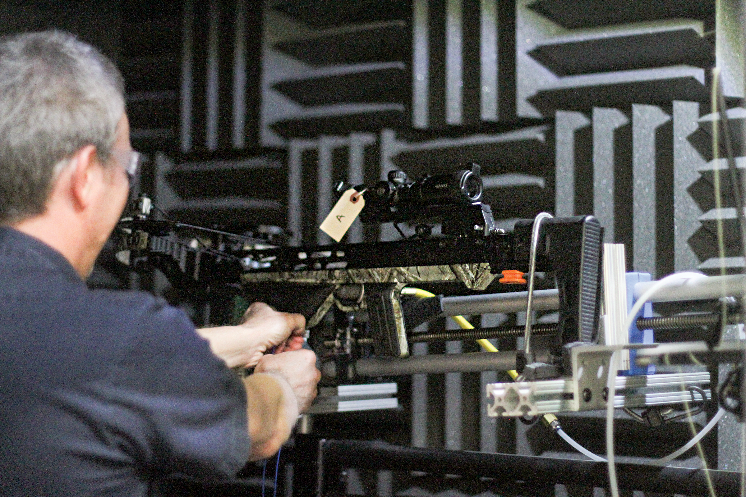 testing a crossbow in an anechoic chamber