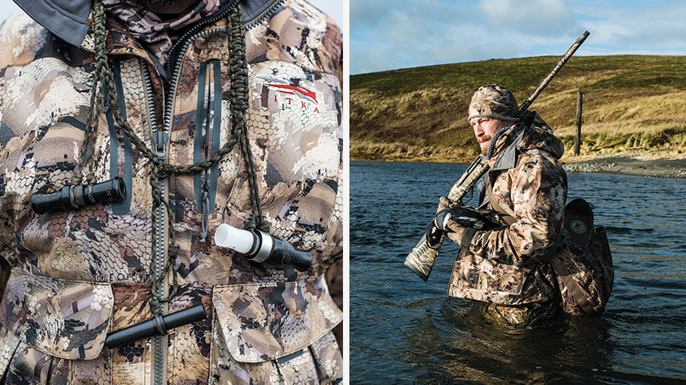 Duck calls and a hunter wading in water