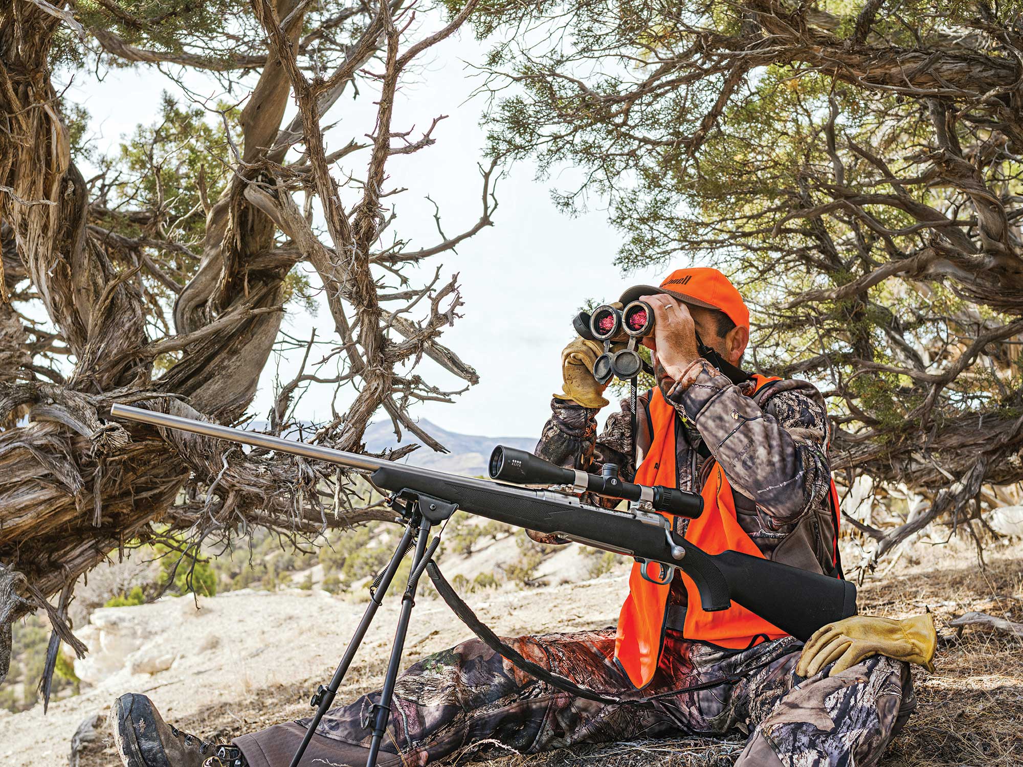 hunter with bipod, glassing