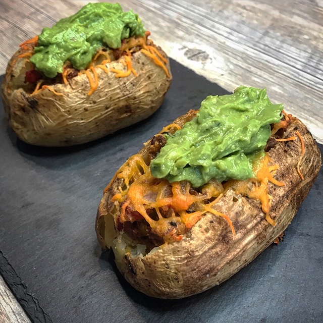 loaded baked potatoes with venison