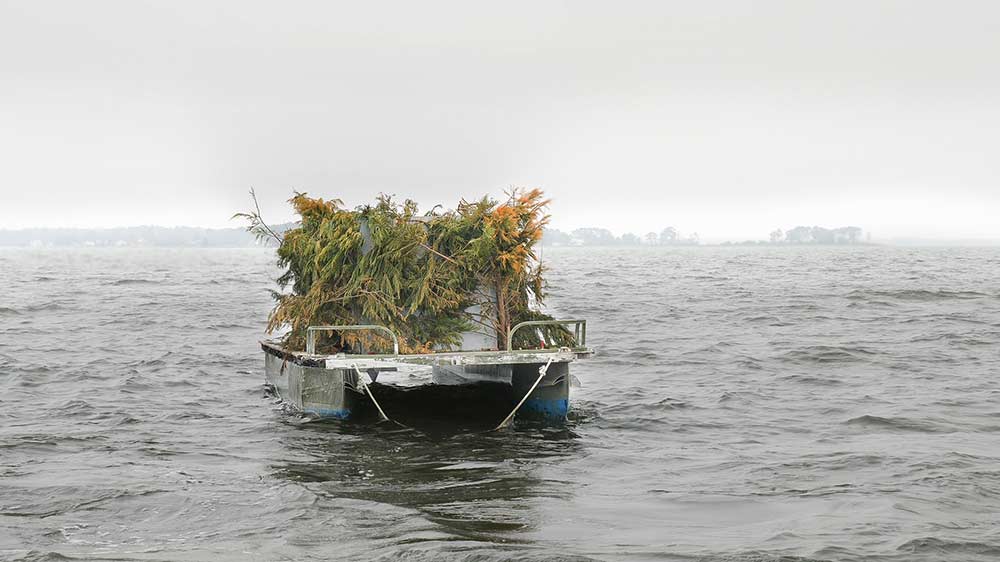 a waterfowl hunting blind on the water
