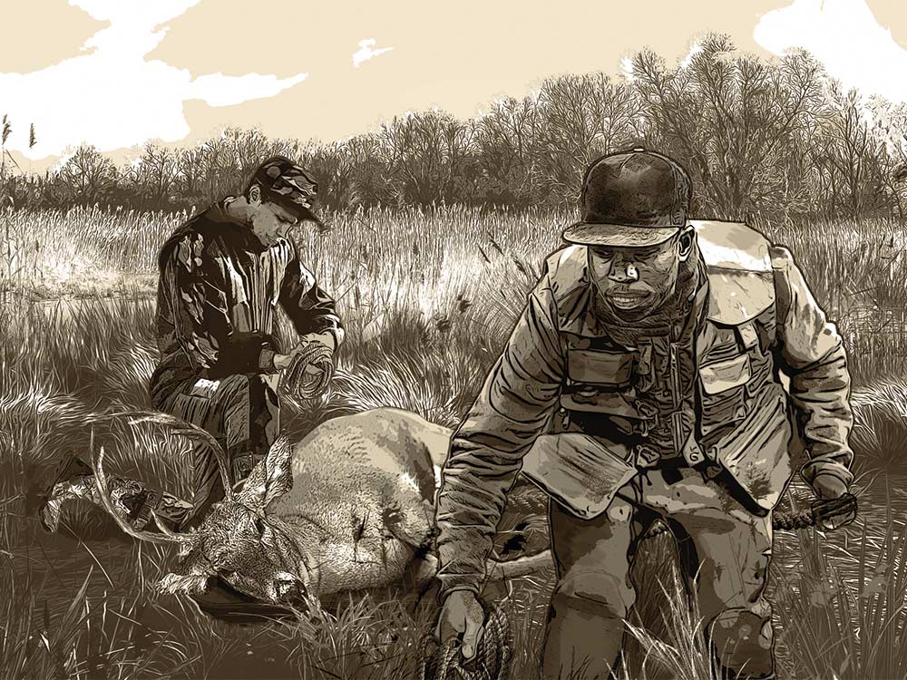 illustration of two hunters kneeling beside a deer