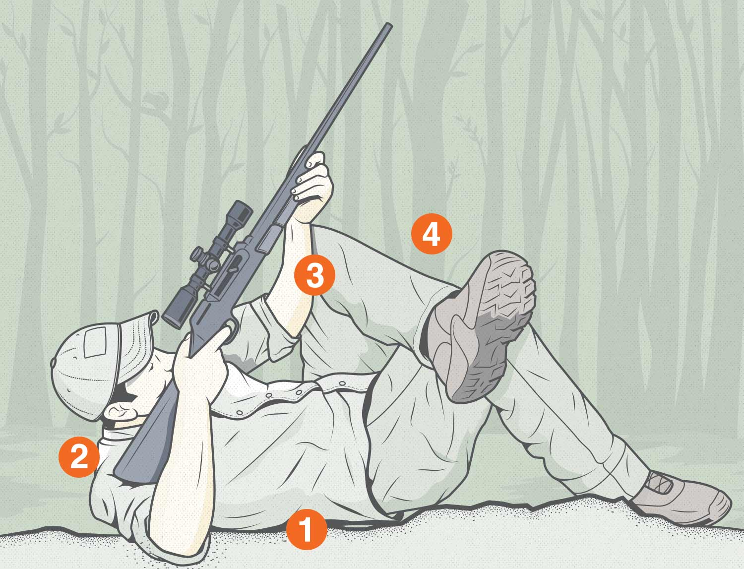 illustration of hunter aiming a rifle while lying on his back