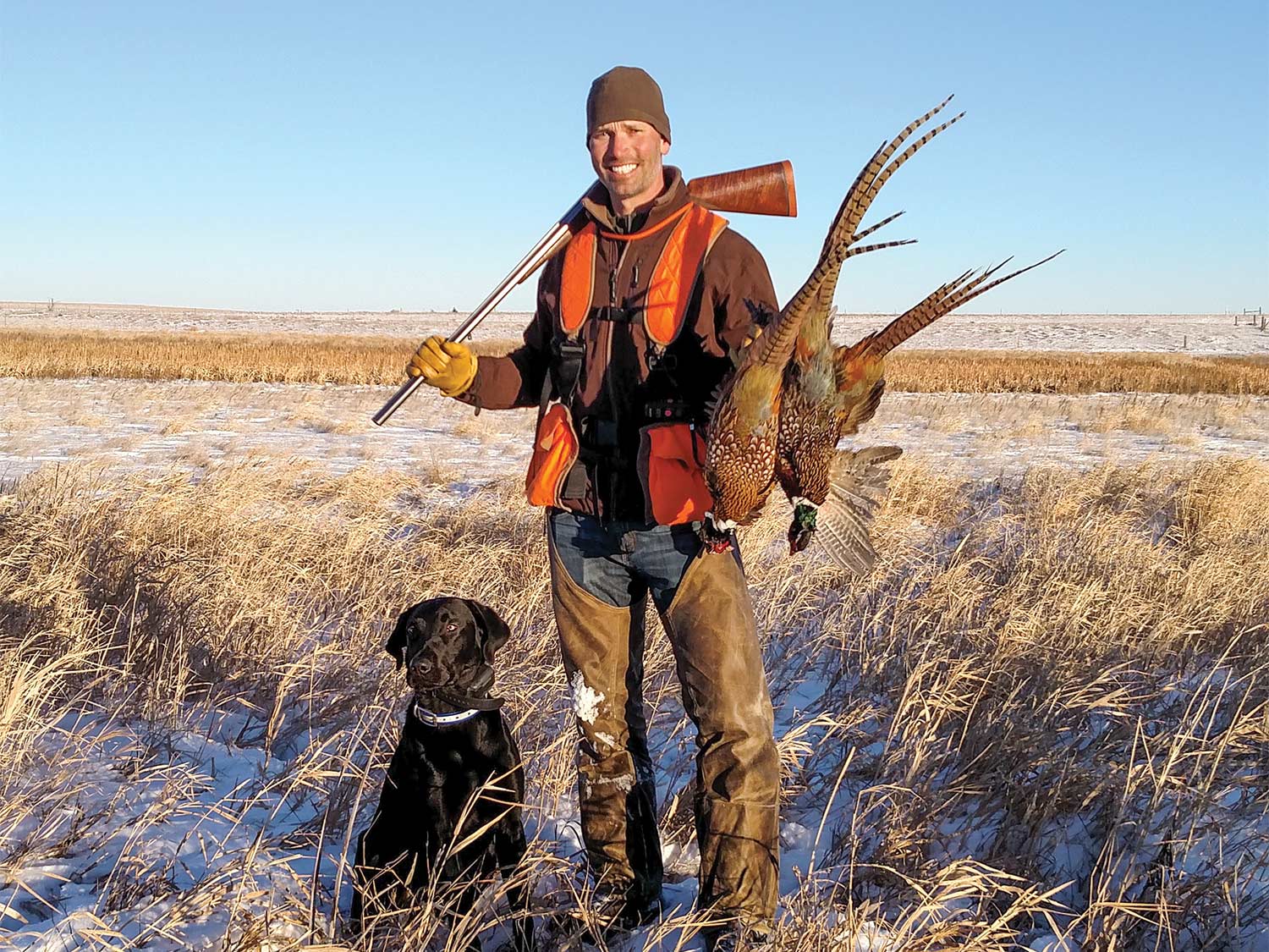 hunter holding pheasants next to a hunting dog