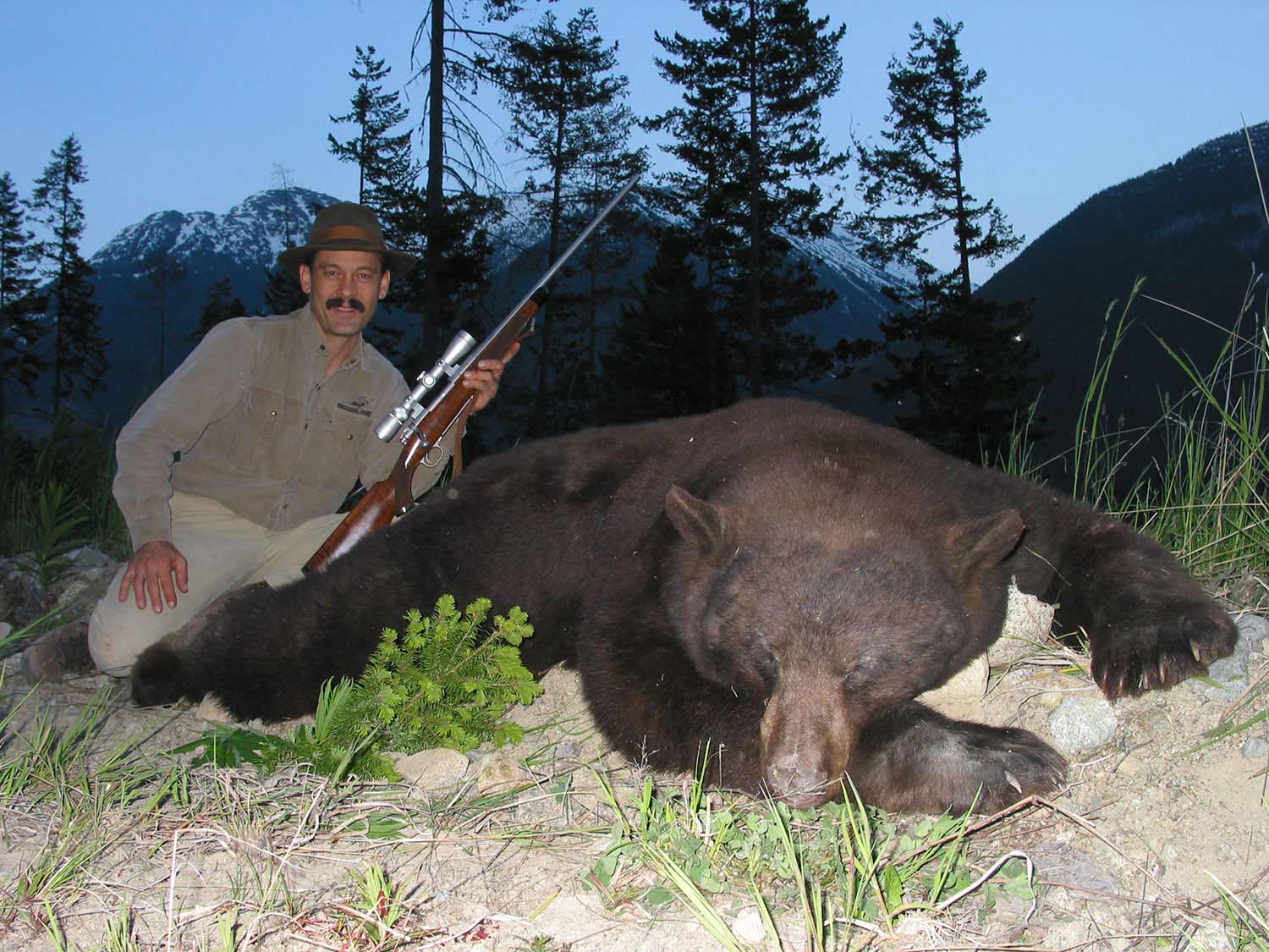 large brown bear and hunter