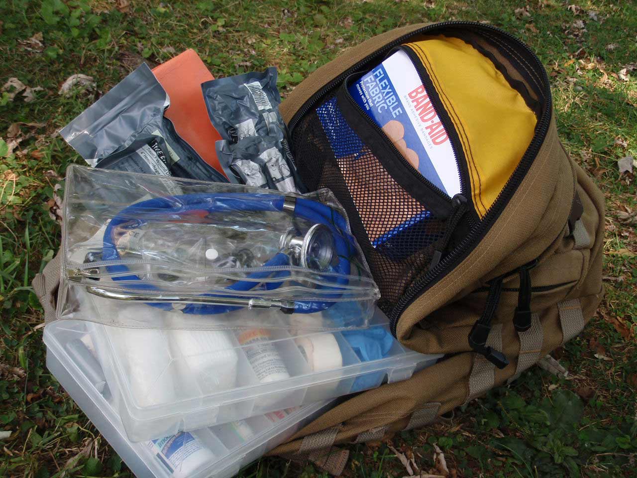 a backpack full of medical supplies