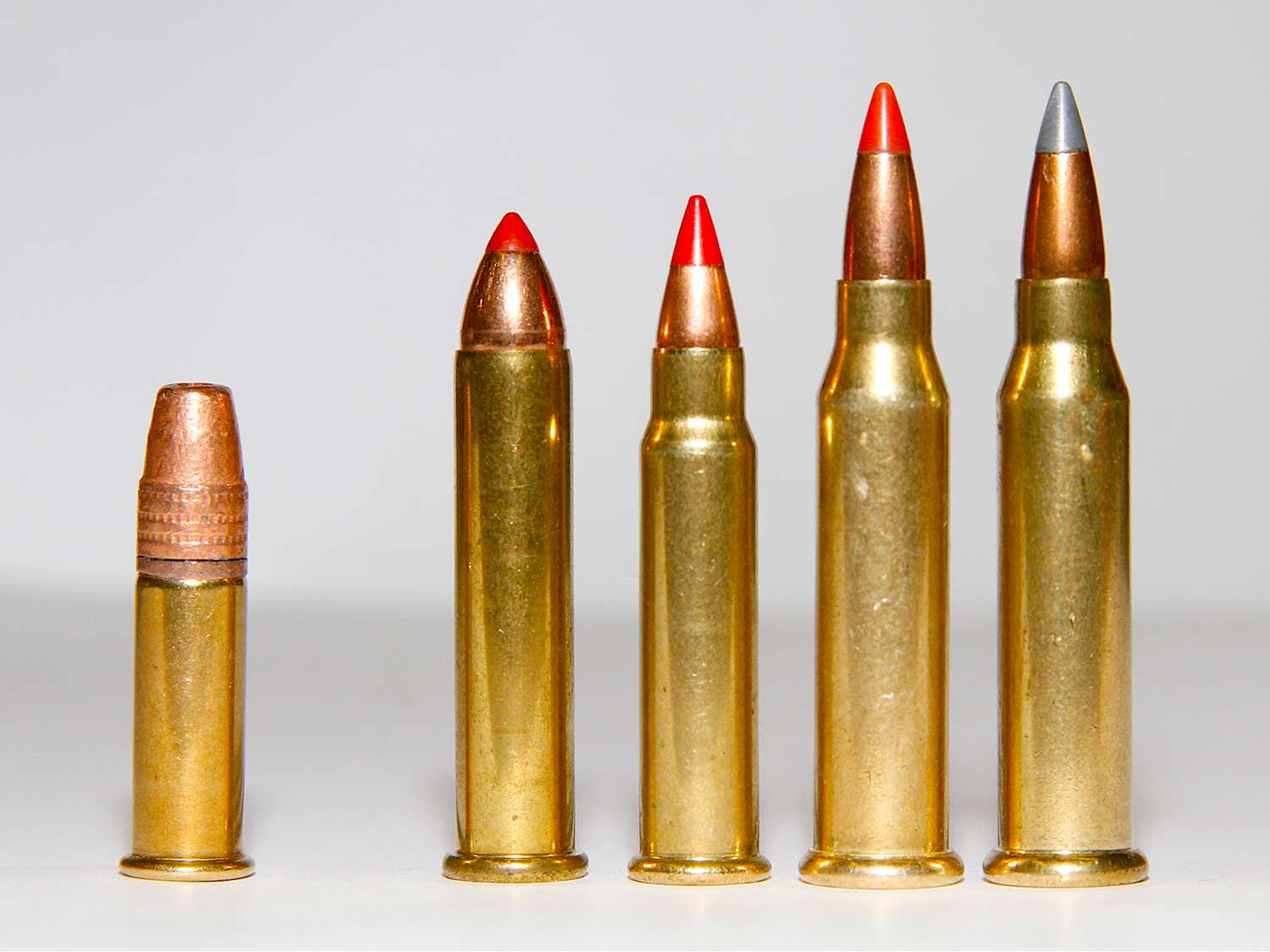 A lineup of .22 and .17 rimfire ammo bullets