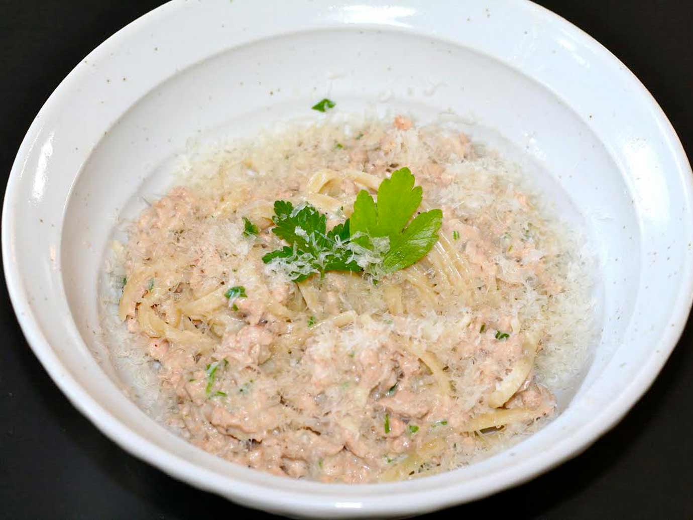 A bowl of Salmon linguini
