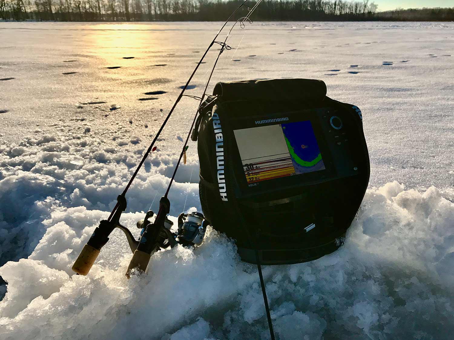 ice fishing gear in the snow.