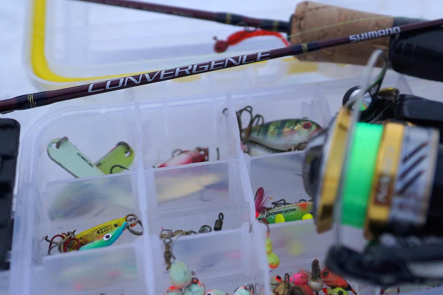 Shallow water panfish lures in a tackle box.