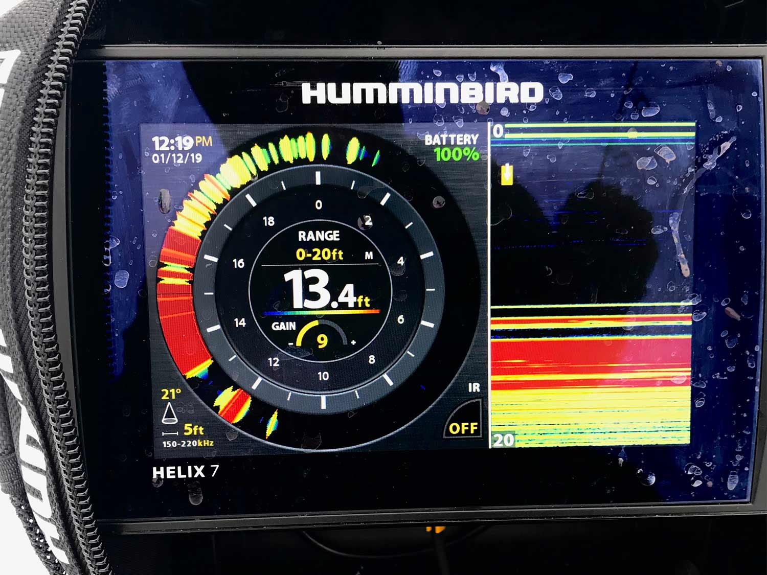 Sonar panel on humminbird fish monitor.