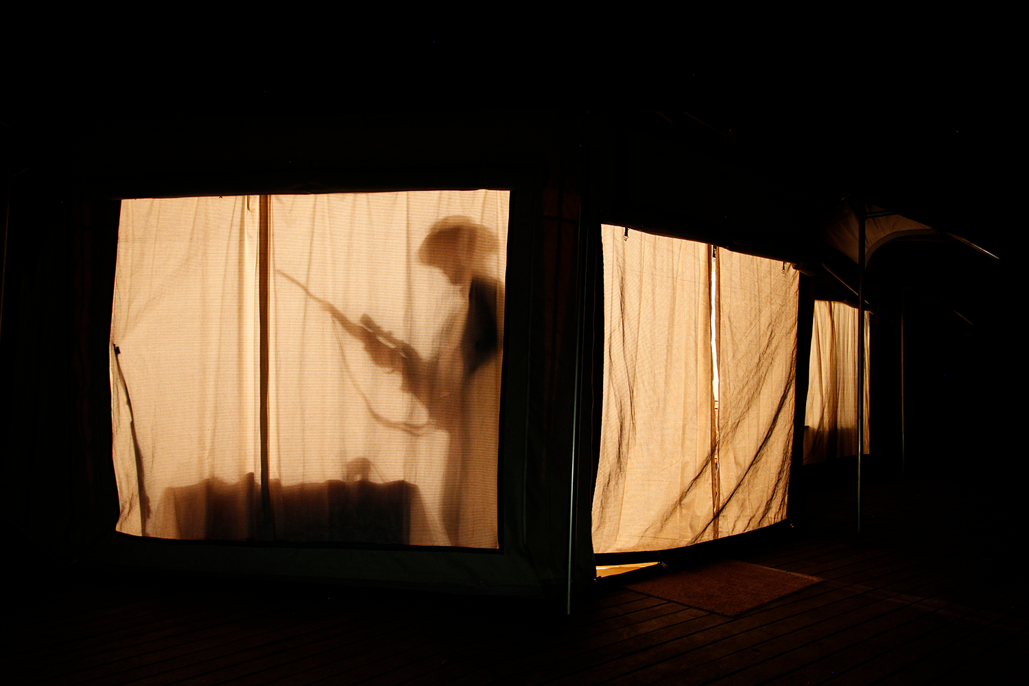 Silhouette shadow cast on the interior cloth wall of an African safari tent.