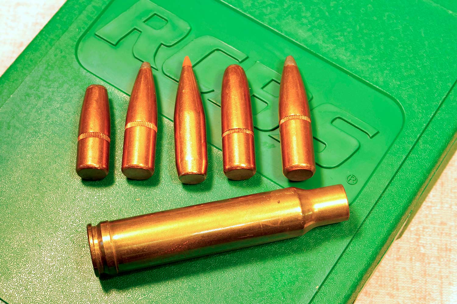 A lineup of ammos used in reloading.