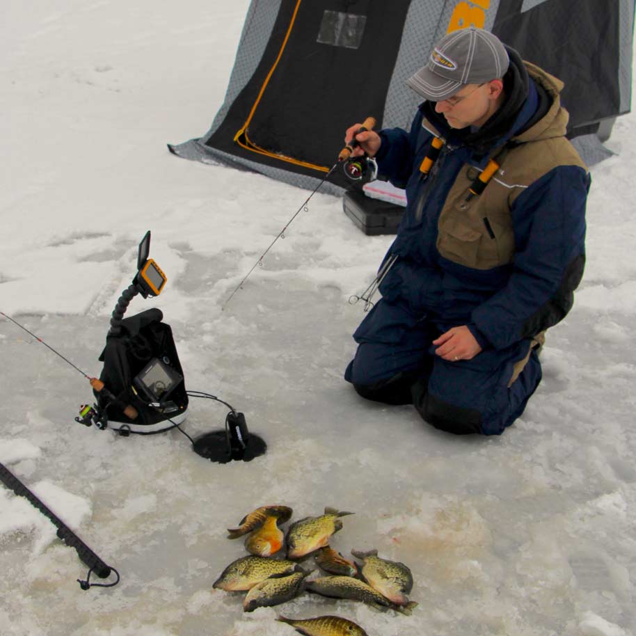 An angler ice fishing for bluegill.