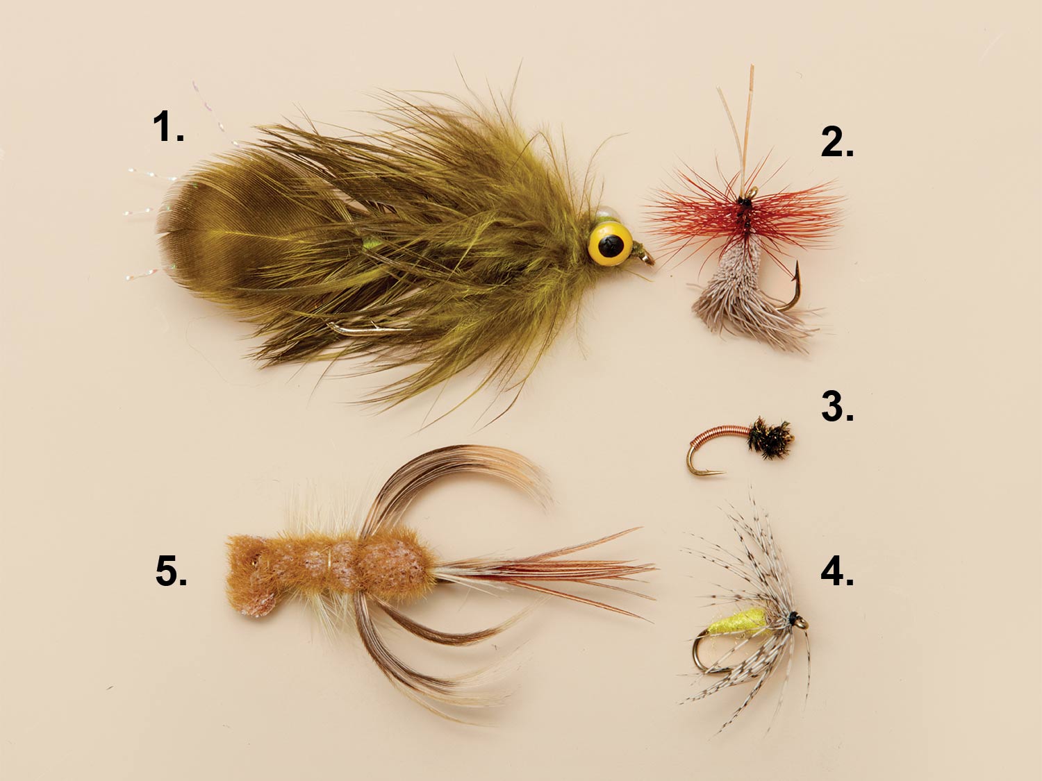 5 old school trout flies.