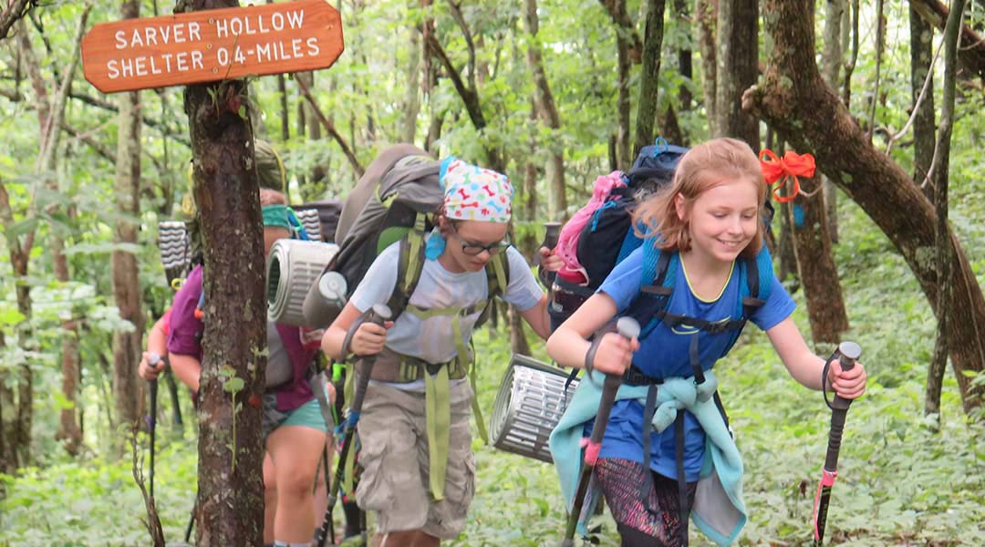 children hiking at the Mountain Shepherd Adventure School