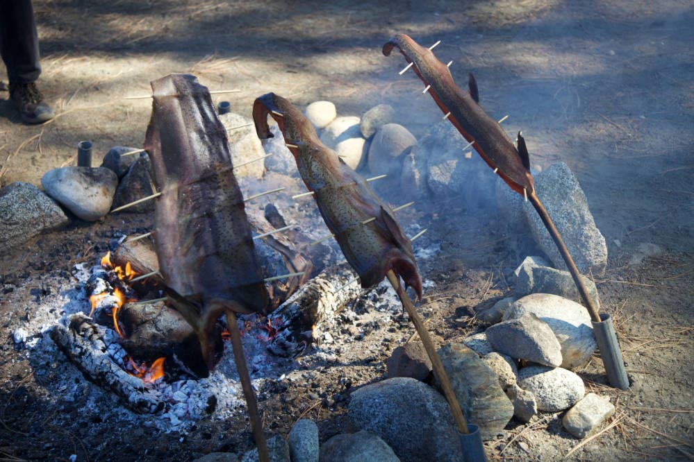 Fish cooking on an open fire.