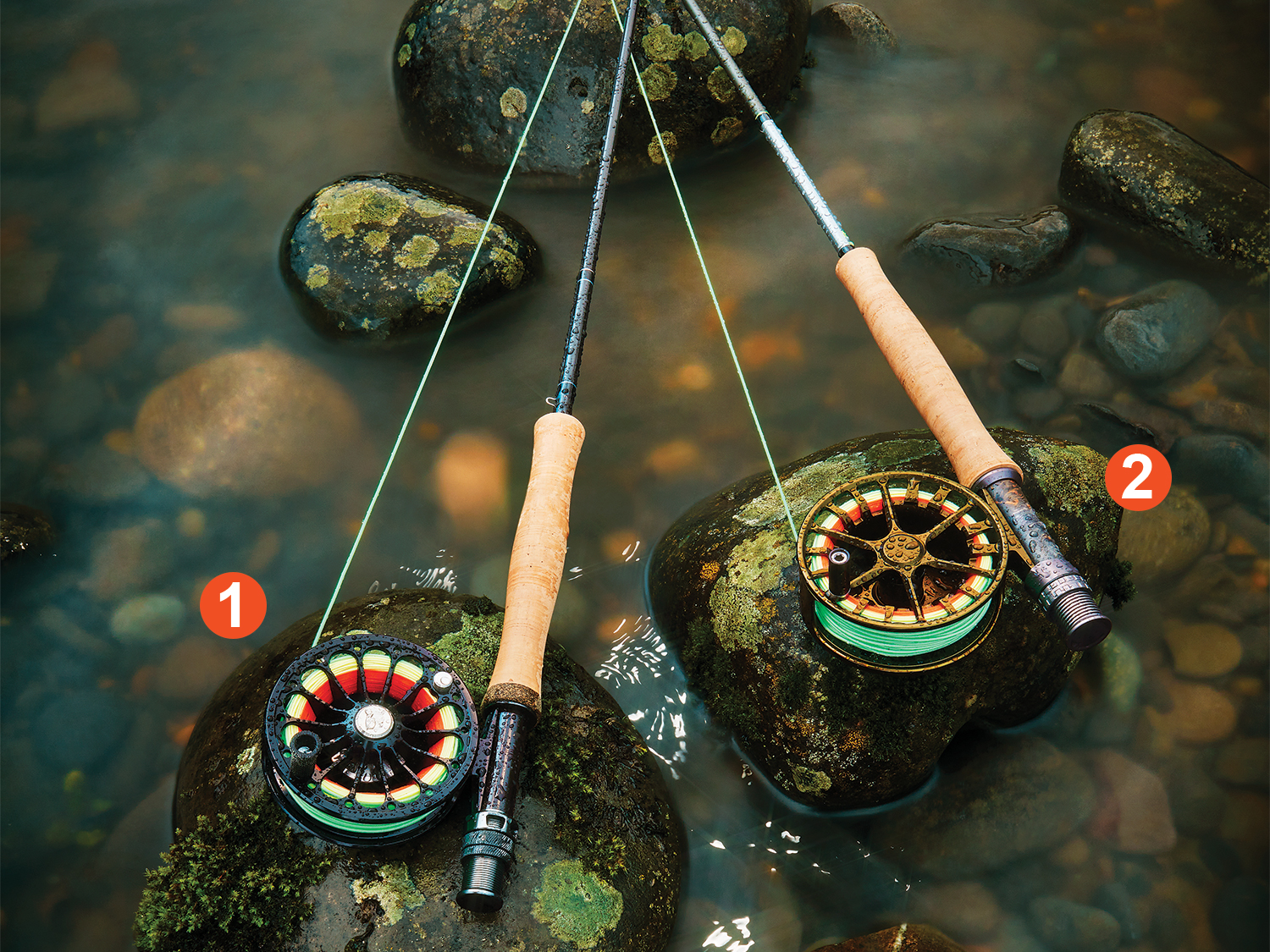 Fly rod and reel combos in a stream.