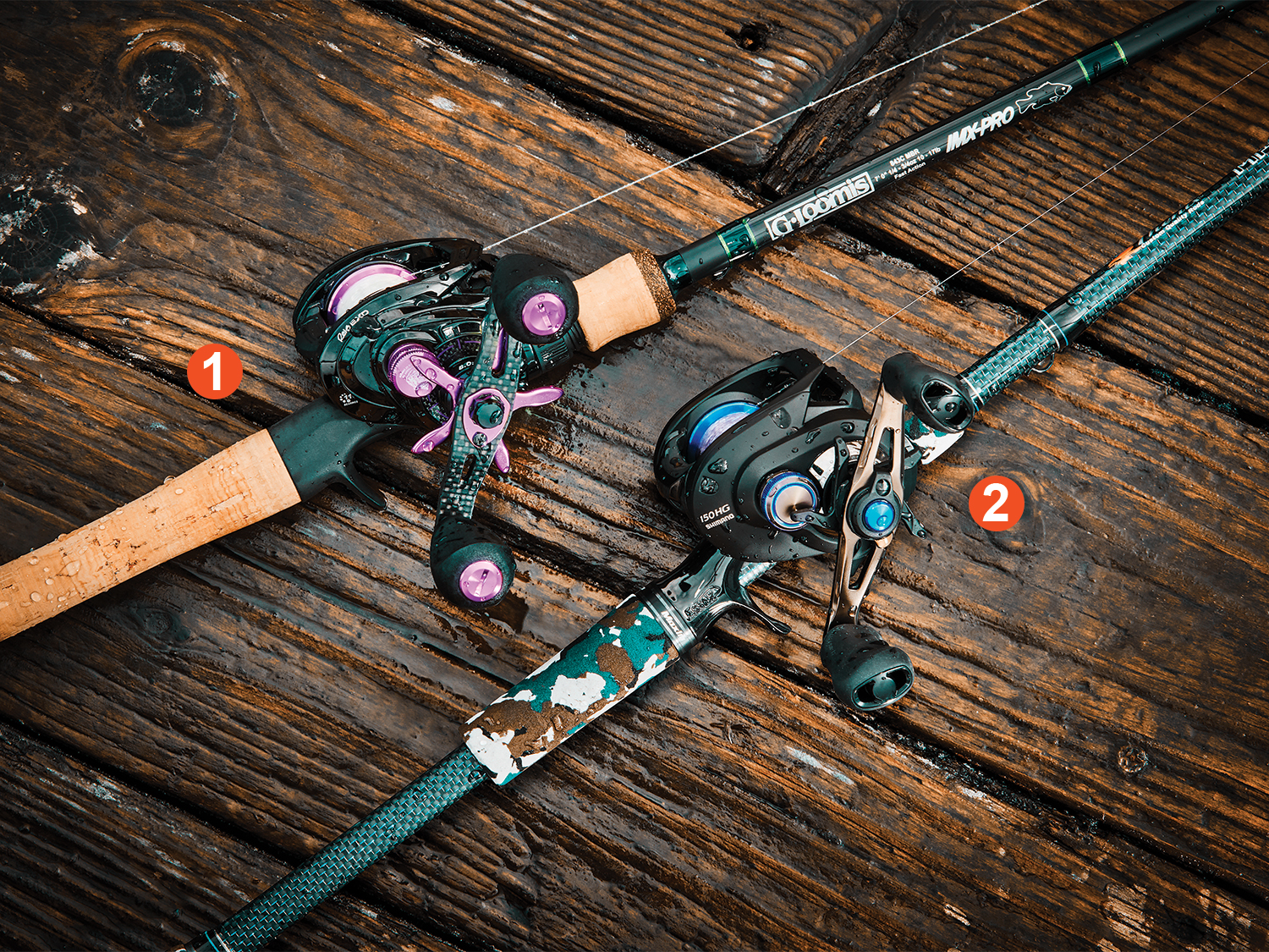 Baitcasting rods and reels on a deck.