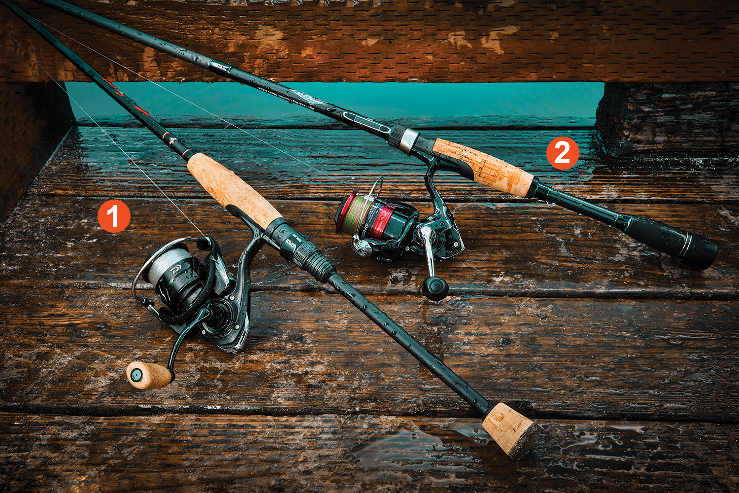 Spinning rod and reel combos on a deck.