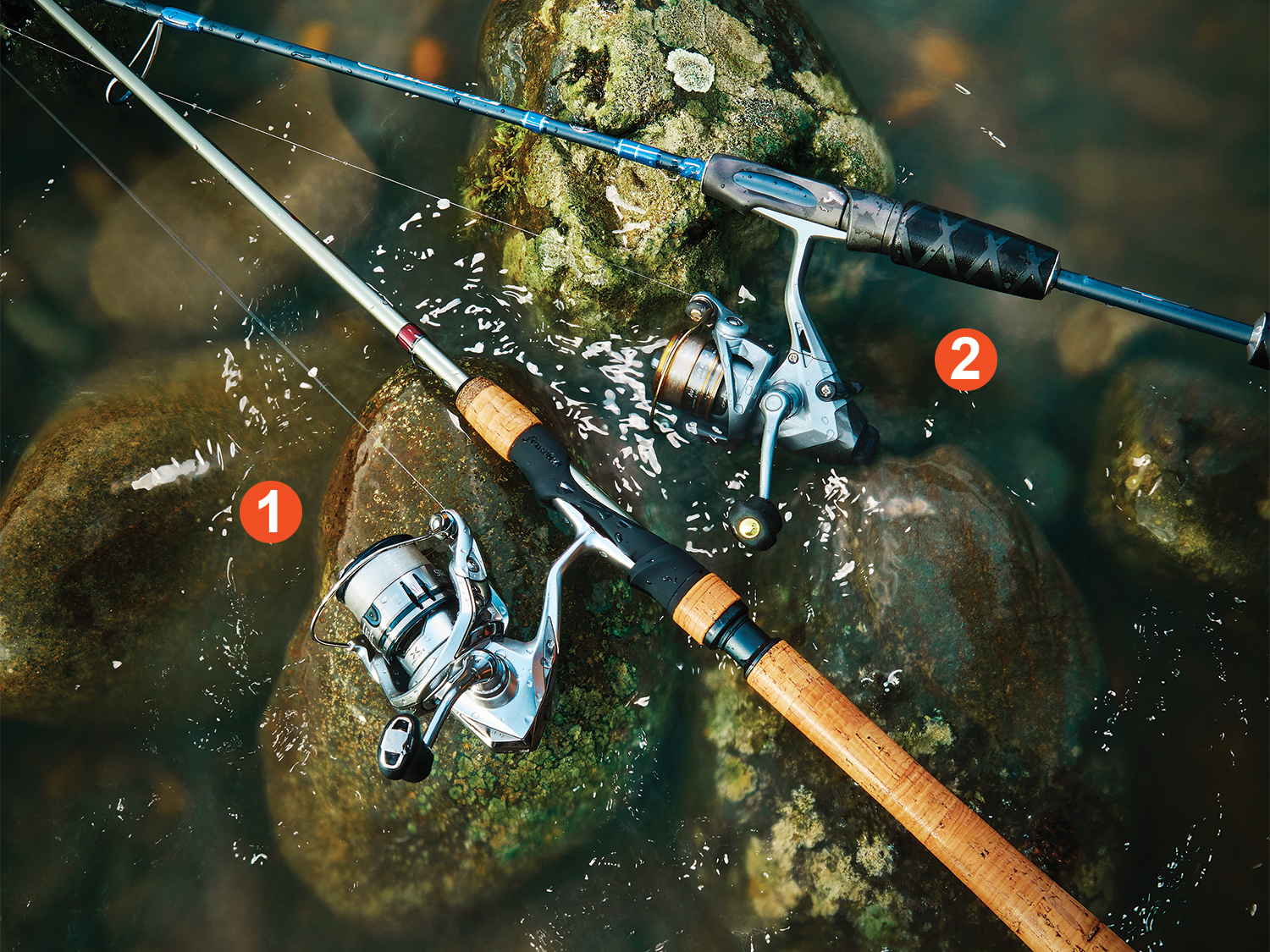 Ultralight fishing rods and reels in a stream.