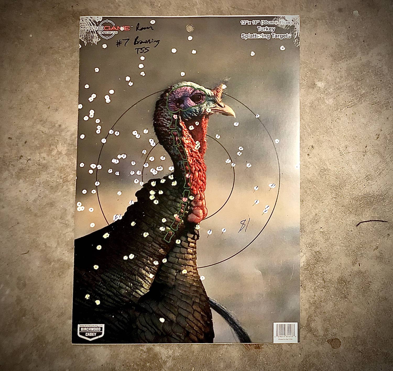 A turkey target riddled with pellet holes.