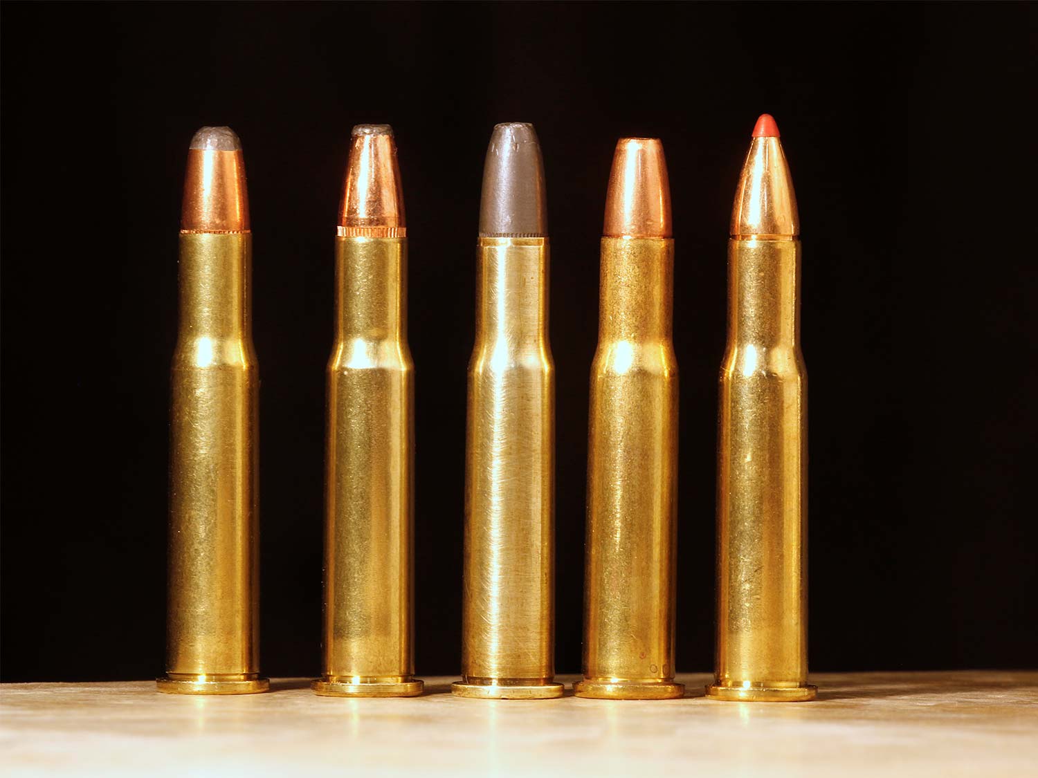 A lineup of rifle ammo.