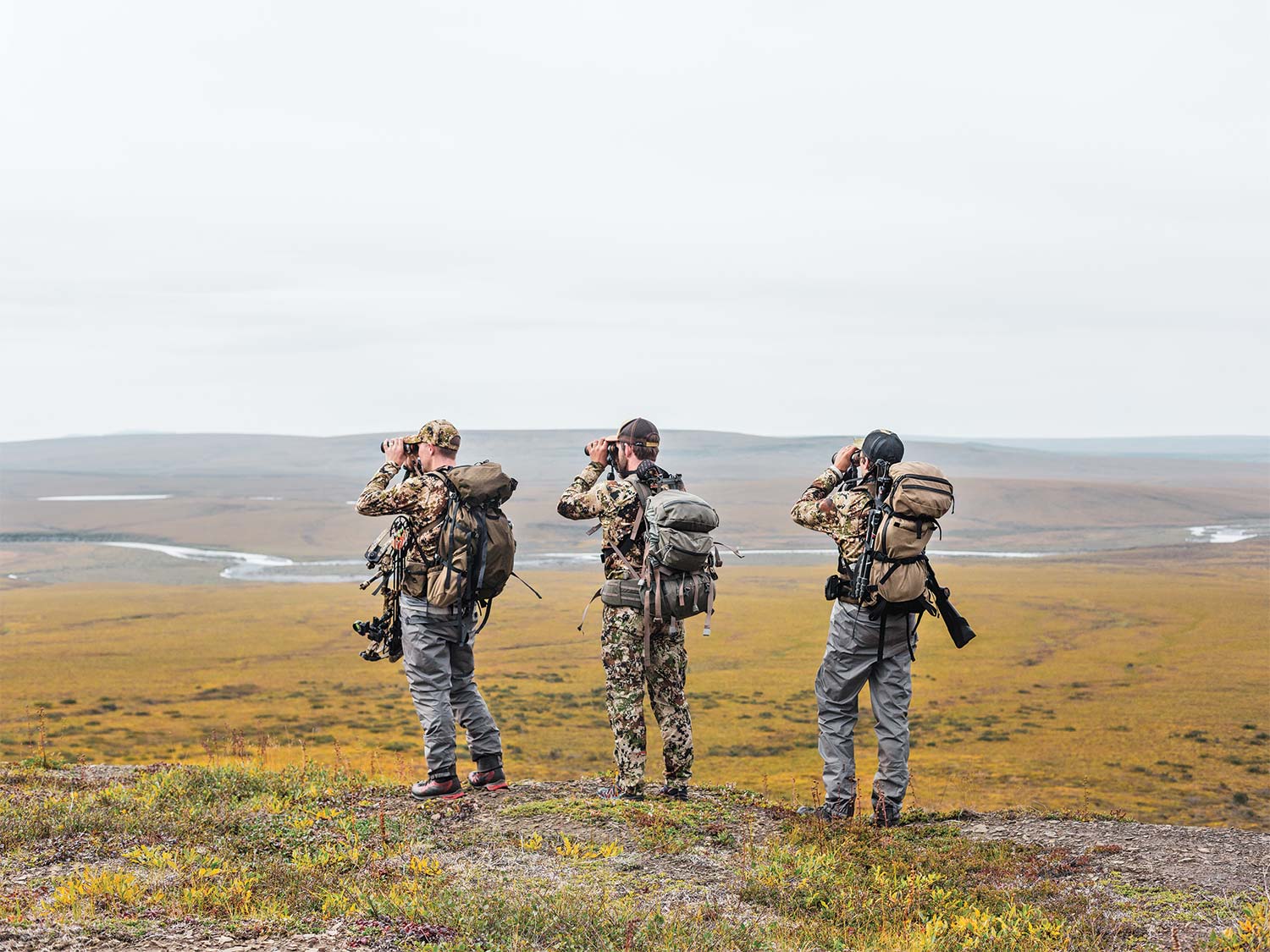 Hunters using binoculars to scout a field.