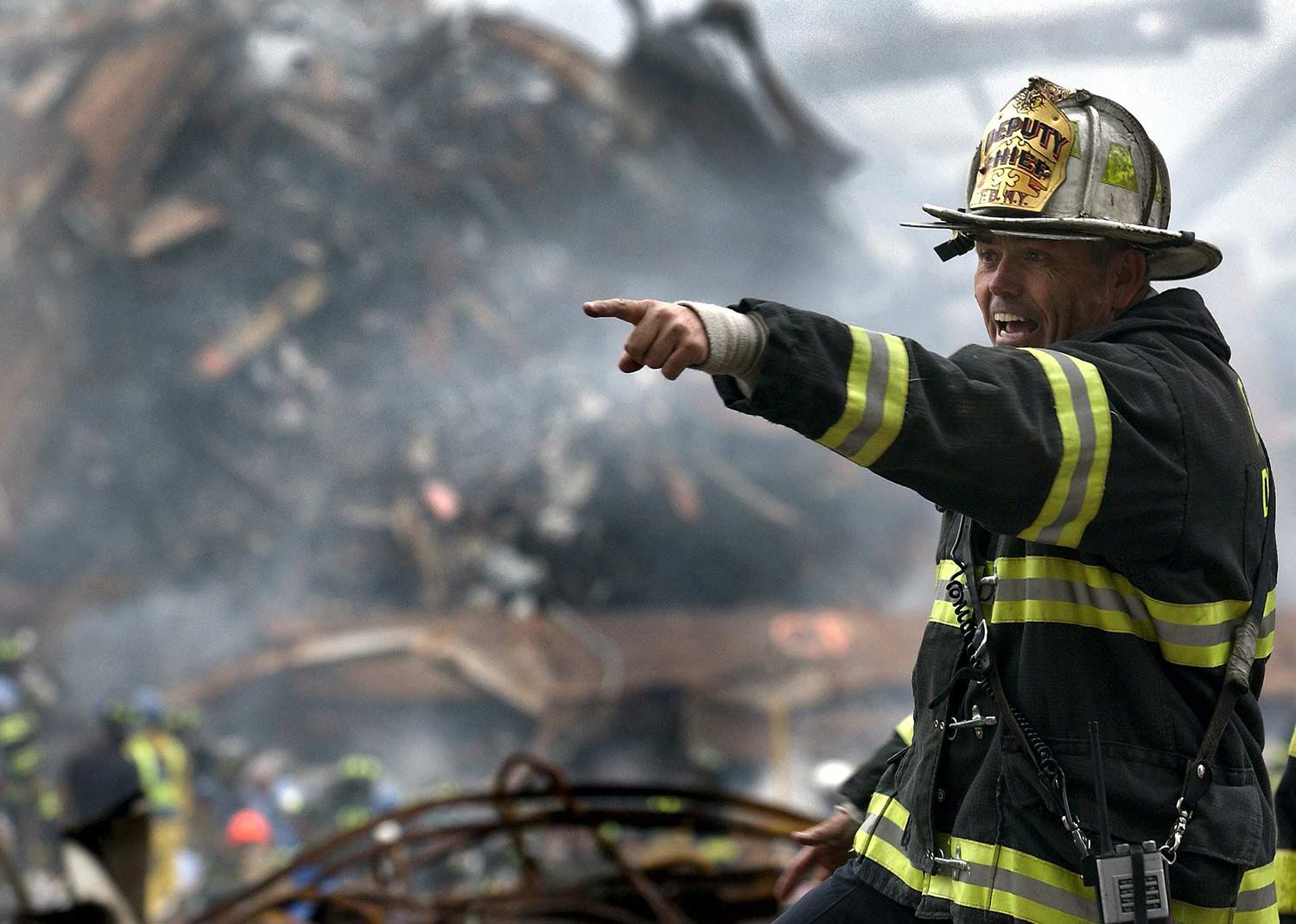 Fireman in the rubble.