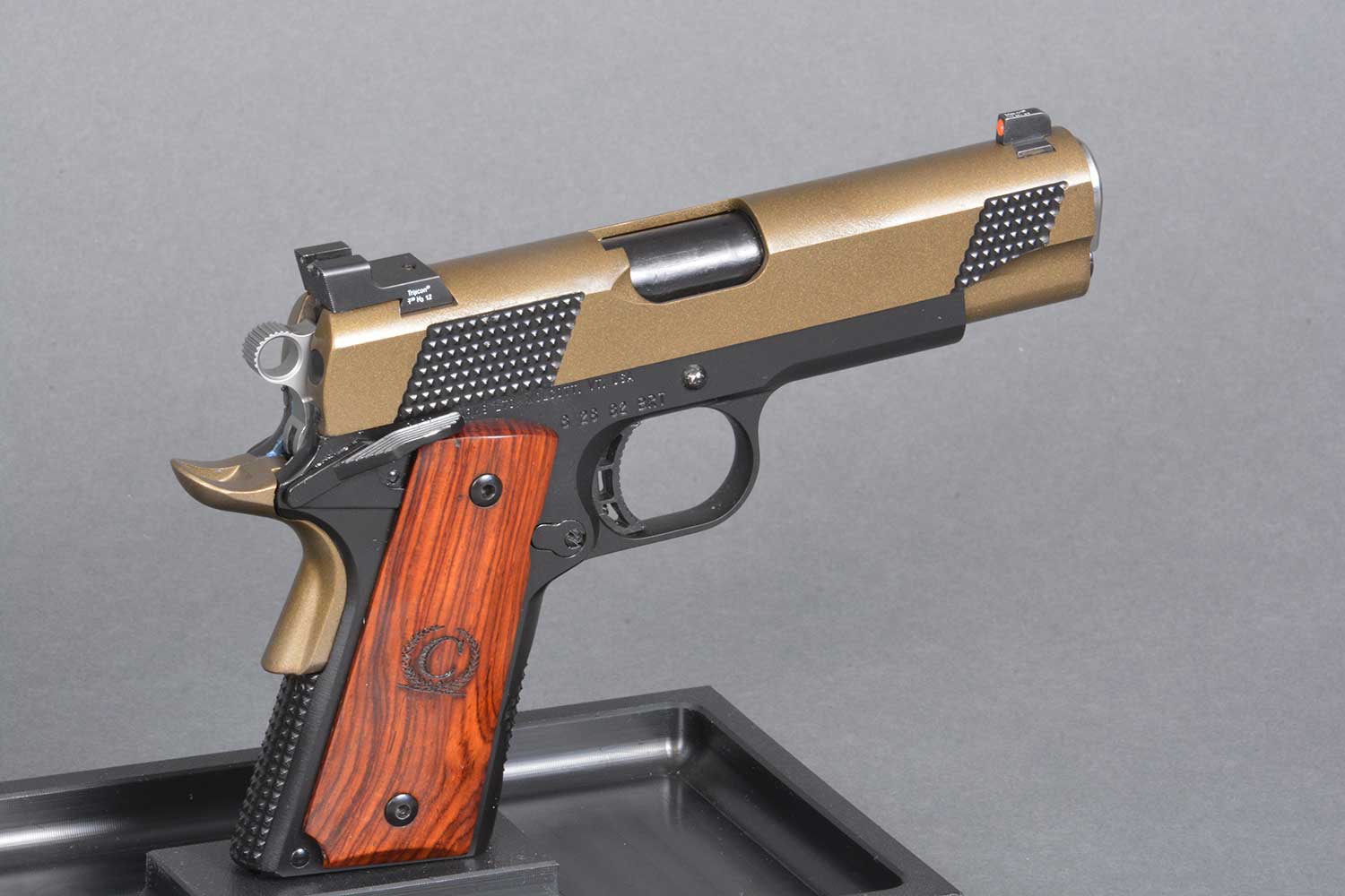 A custom cerokoted 1911 handgun.