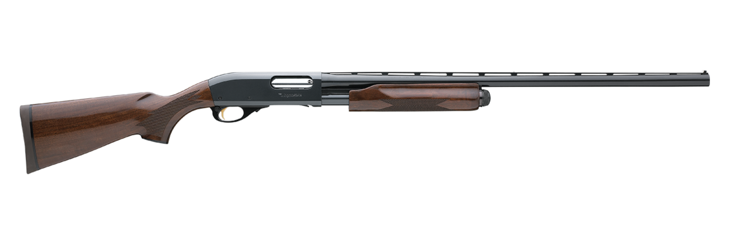 wood-stock pump action shotgun with a black barrel and receiver