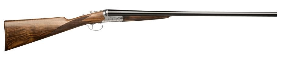 an Italian-made side-by-side double barrel wood-stocked shotgun with silver receiver from Beretta