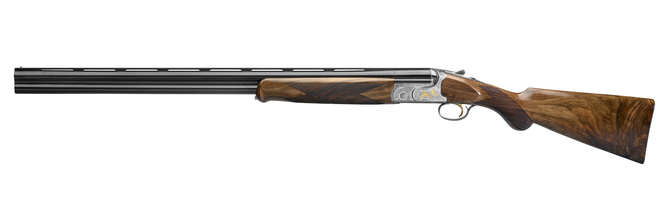 double barrel over/under shotgun with wood stock and metallic receiver