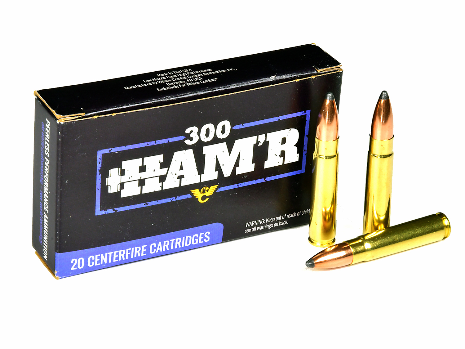 A box of 300 Ham'r centerfire rifle ammo cartridges.
