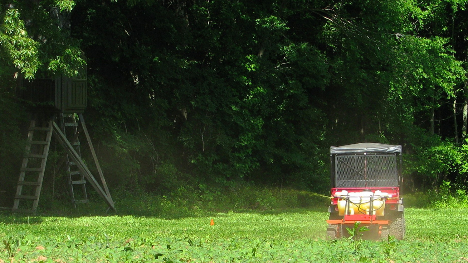 A small UTV spreads fertilizer and weed spray in a food plot field.